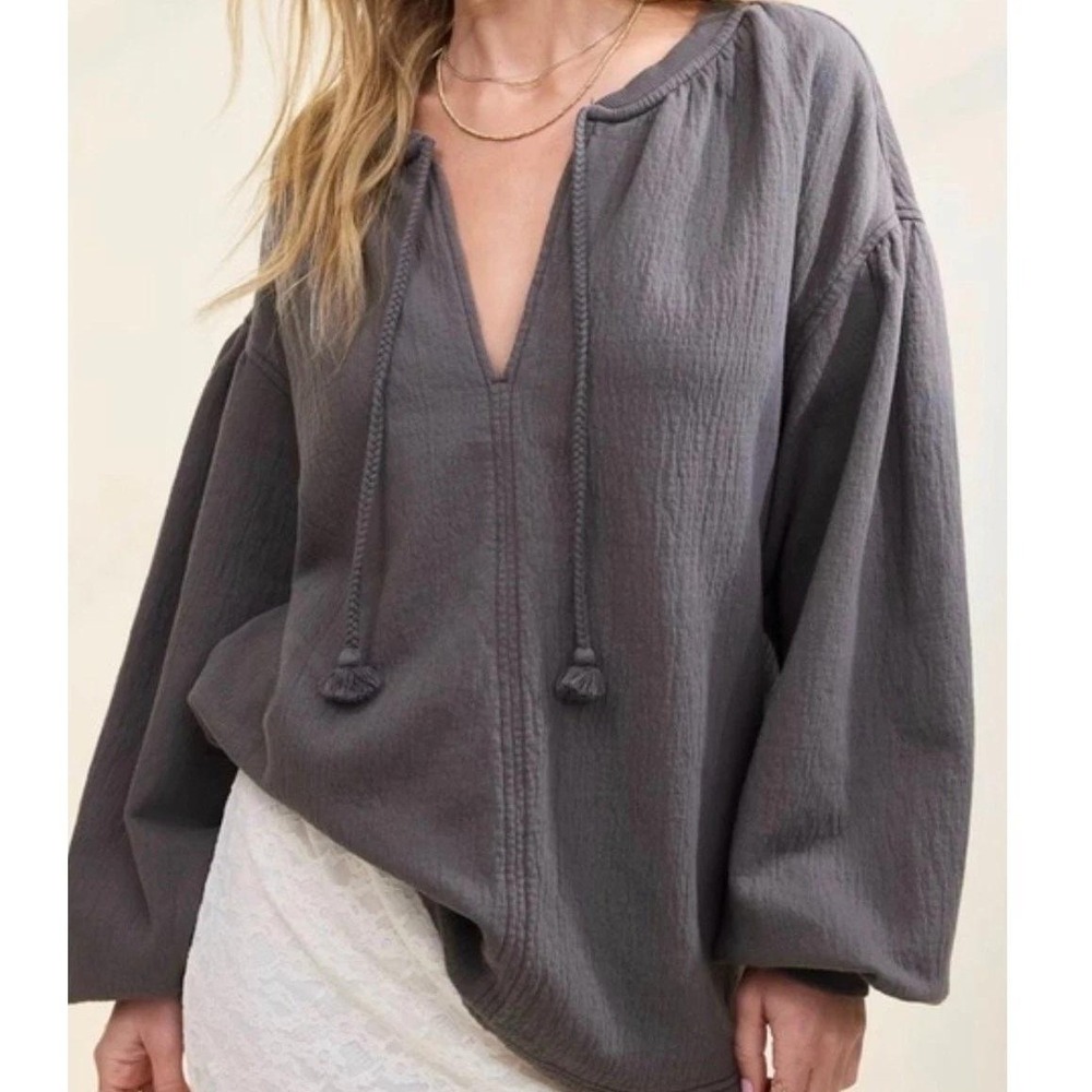 Aerie Easy Street Gray Crinkle French Terry Split Neck Tassel Sweatshirt Small
